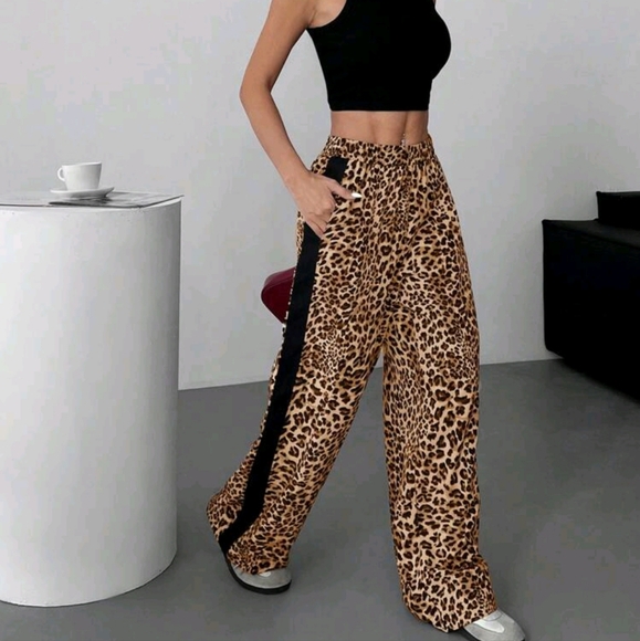 Women Woven Leopard Print Patchwork Ribbon Casual Pants - Picture 3 of 5